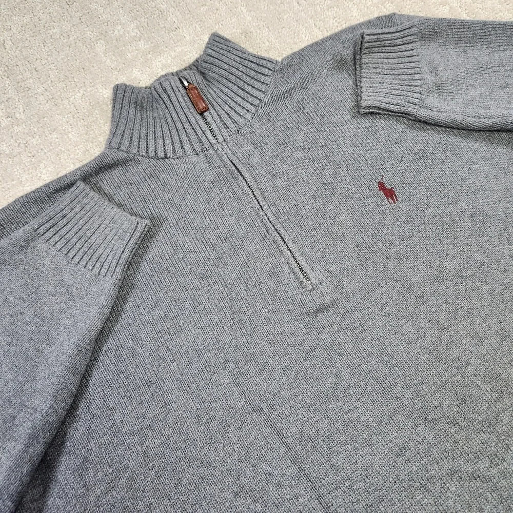Polo Ralph Lauren Sweater Men Large Gray Heavy Cotton Chunky Knit 1/4 Zip Preppy